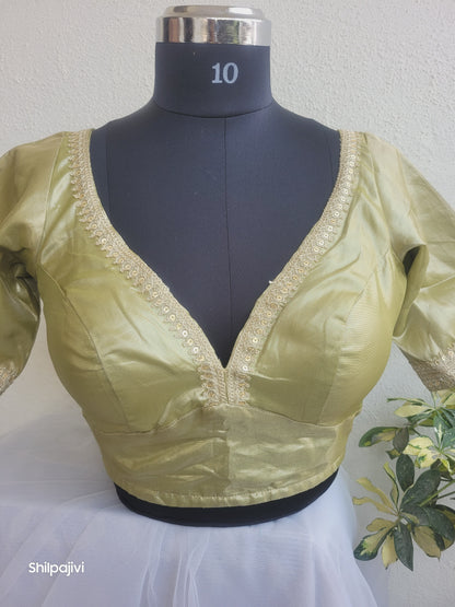Shimmery Moss Green Tissue Silk Blouse with Sequence Lace