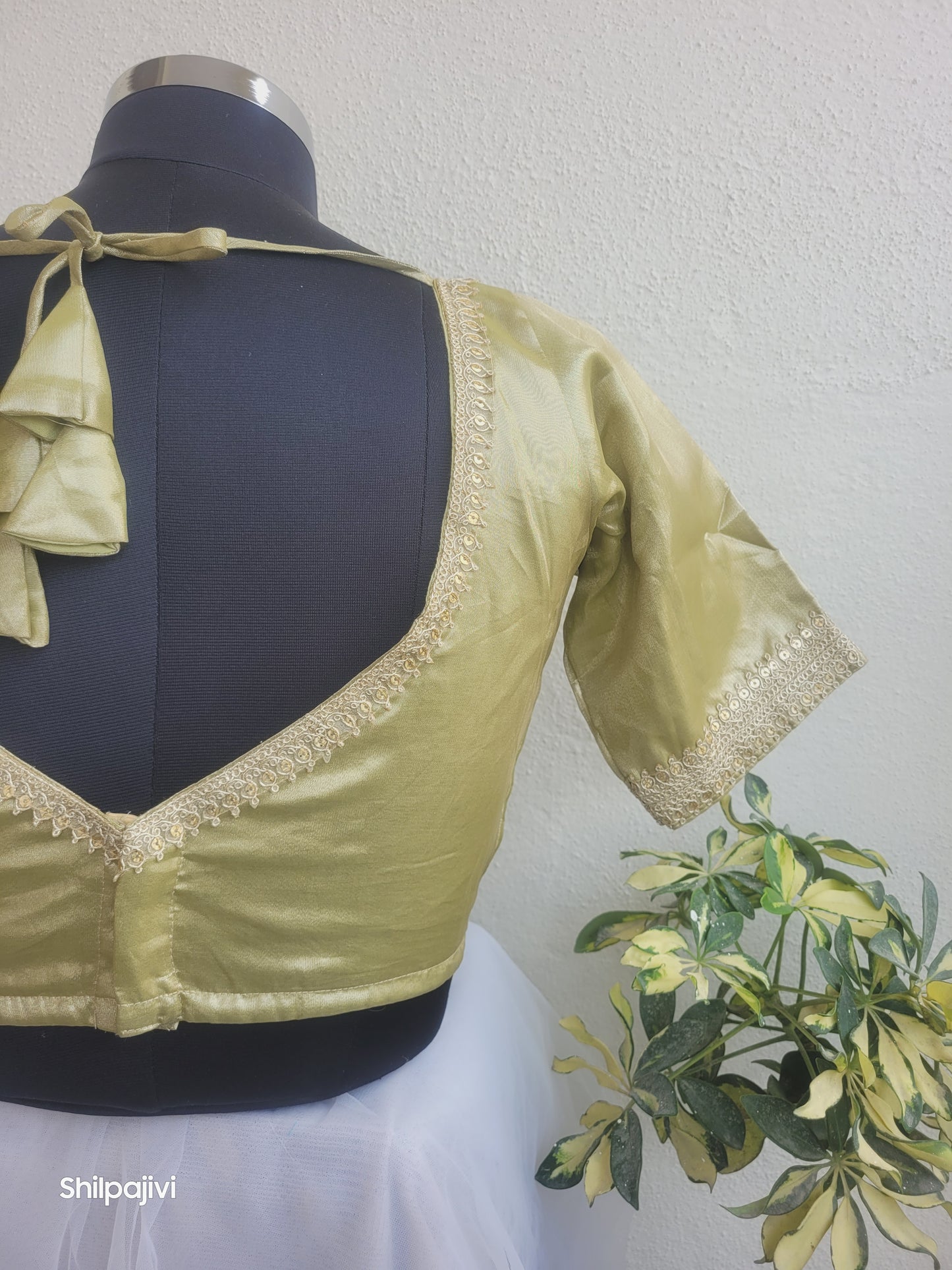 Shimmery Moss Green Tissue Silk Blouse with Sequence Lace