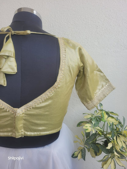Shimmery Moss Green Tissue Silk Blouse with Sequence Lace