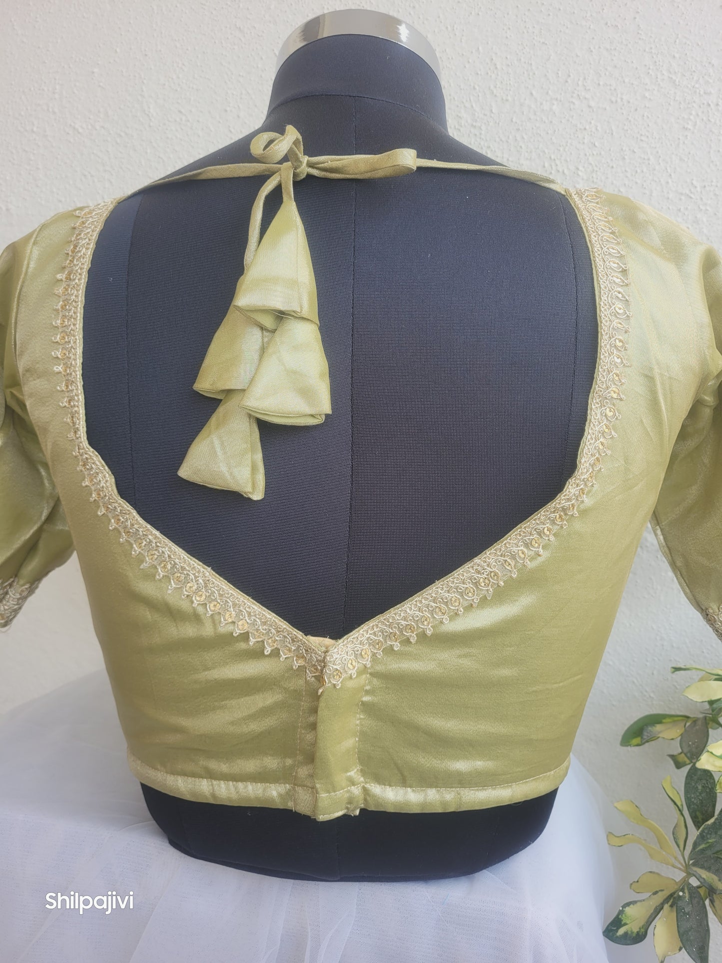 Shimmery Moss Green Tissue Silk Blouse with Sequence Lace