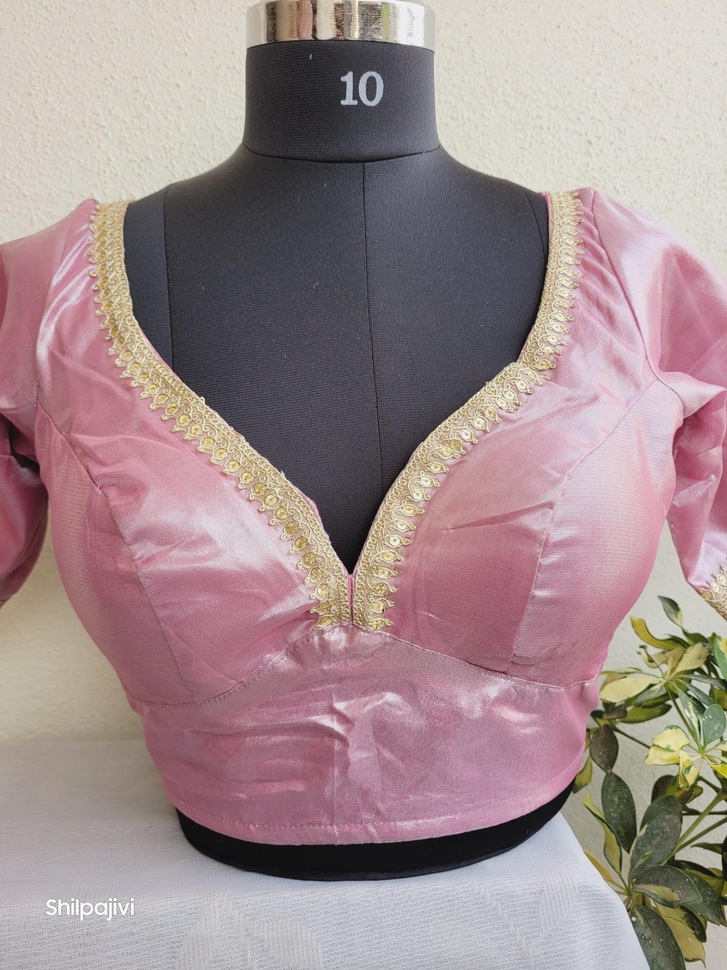 Shimmery pink Tissue Silk Blouse with Sequence Lace