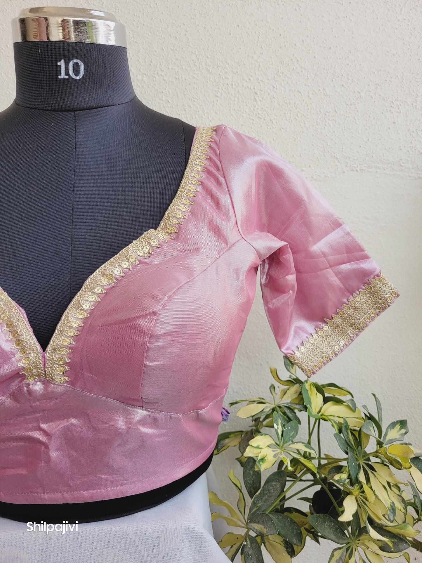 Shimmery pink Tissue Silk Blouse with Sequence Lace