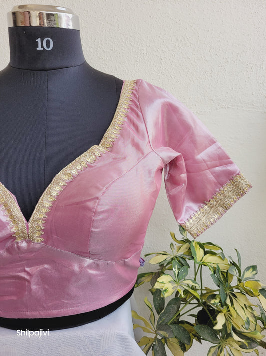 Shimmery pink Tissue Silk Blouse with Sequence Lace