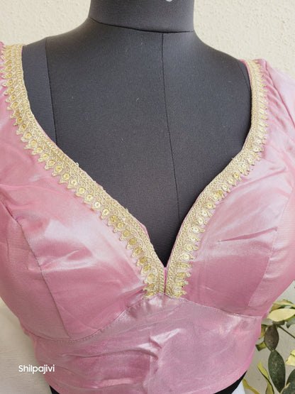 Shimmery pink Tissue Silk Blouse with Sequence Lace