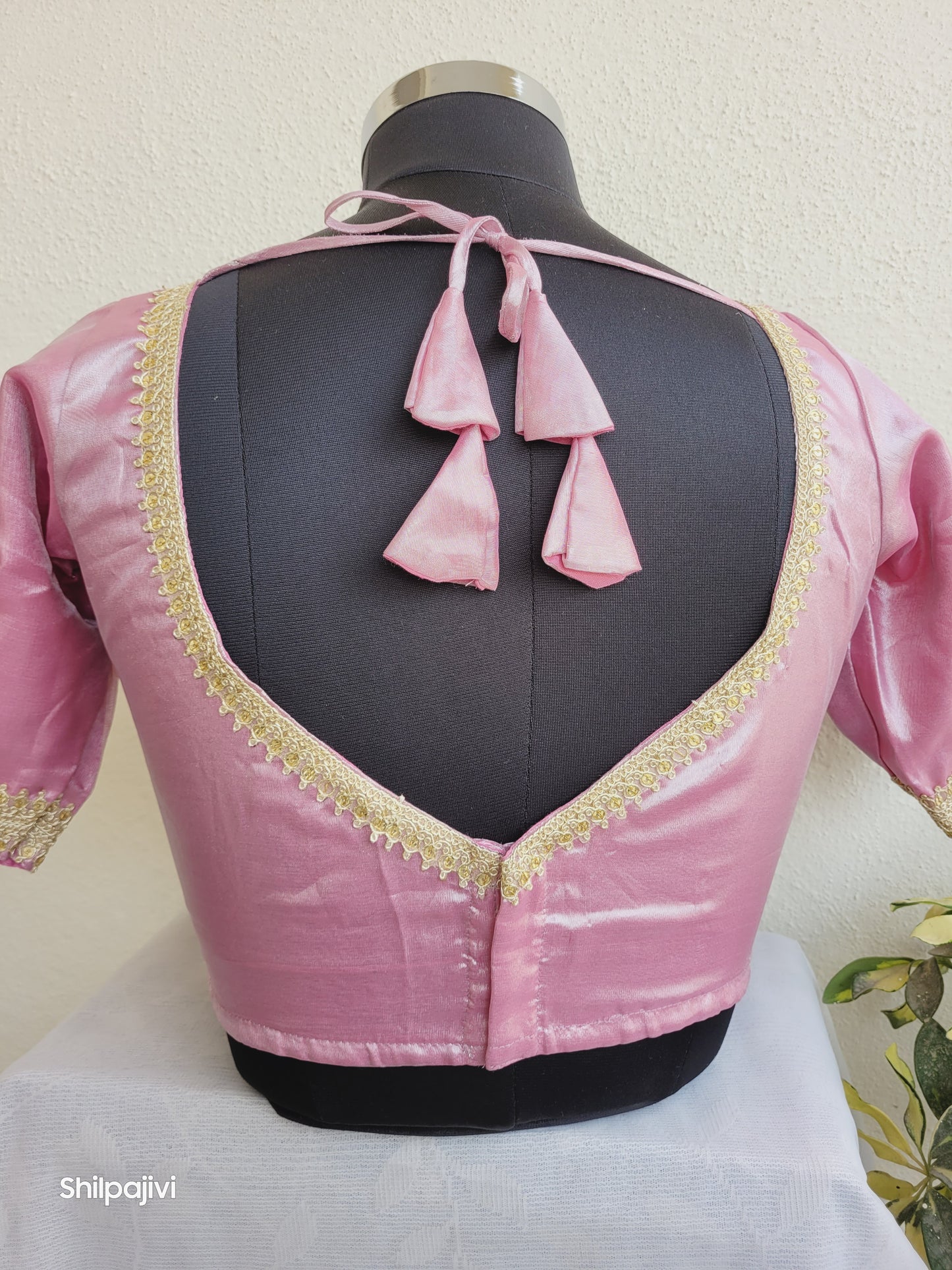 Shimmery pink Tissue Silk Blouse with Sequence Lace