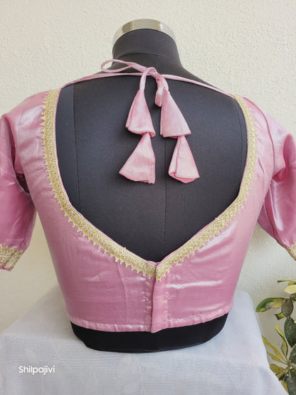 Shimmery pink Tissue Silk Blouse with Sequence Lace