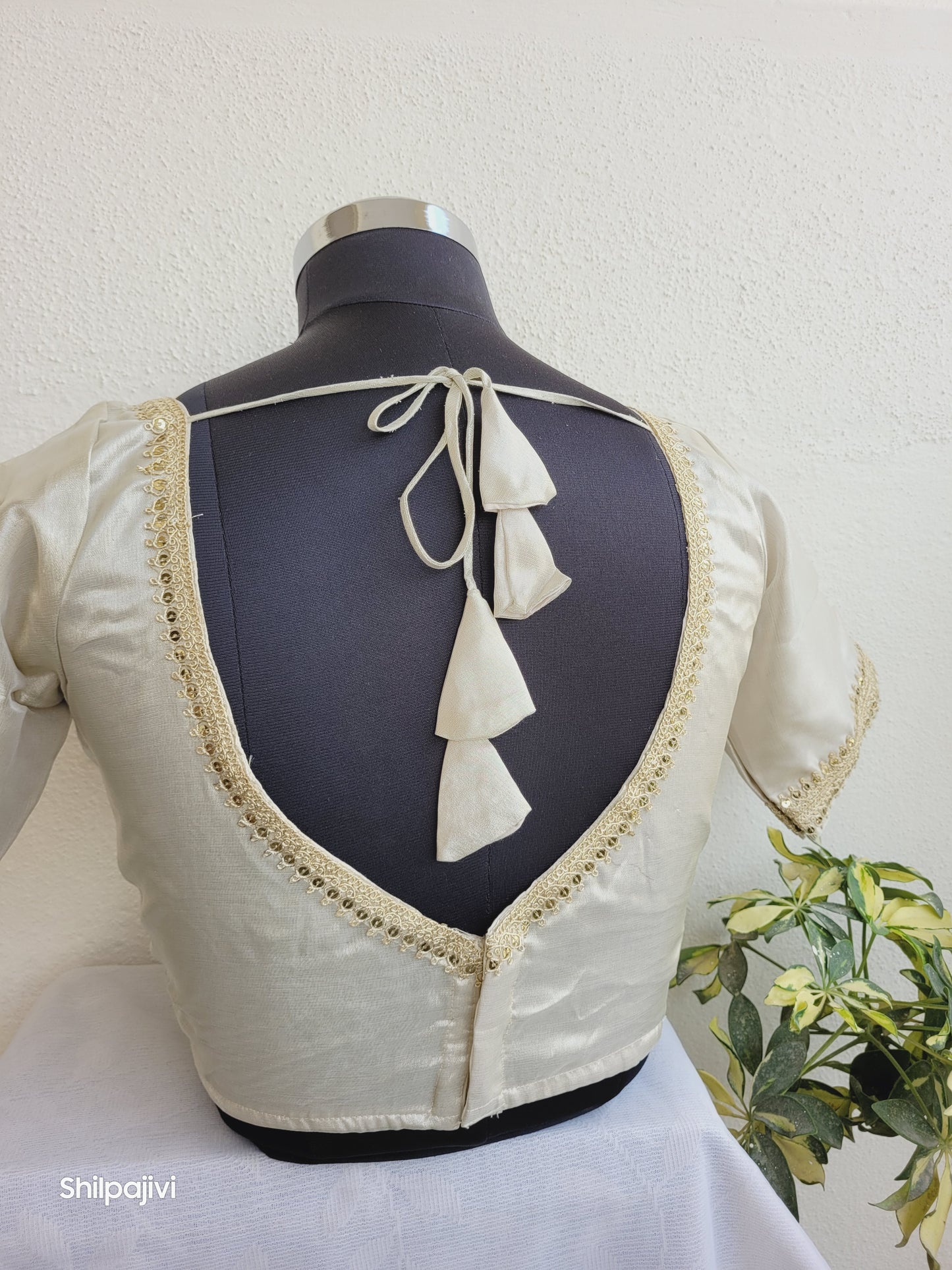 Shimmery offwhite Tissue Silk Blouse with Sequence Lace