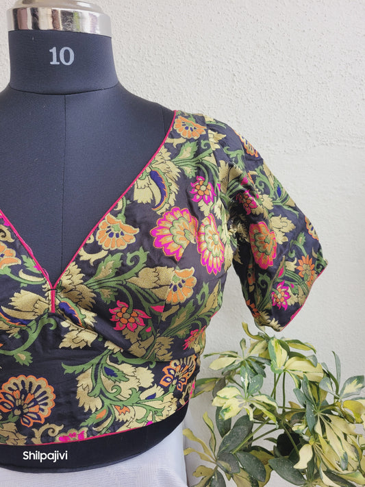 Black Banaras Silk Jacquard Readymade Blouse