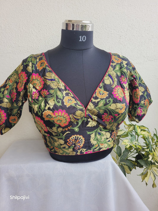 Black Banaras Silk Jacquard Readymade Blouse