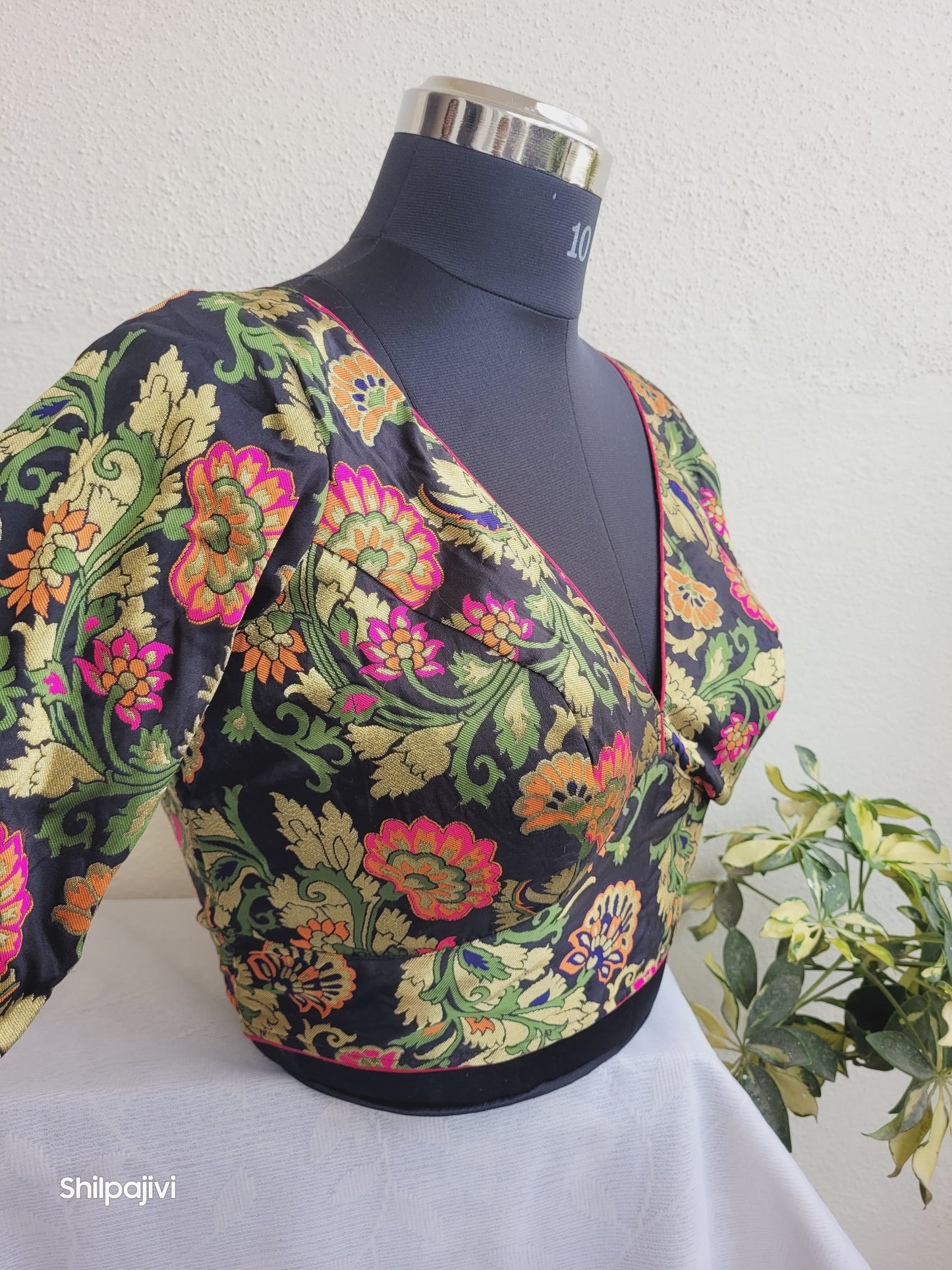 Black Banaras Silk Jacquard Readymade Blouse