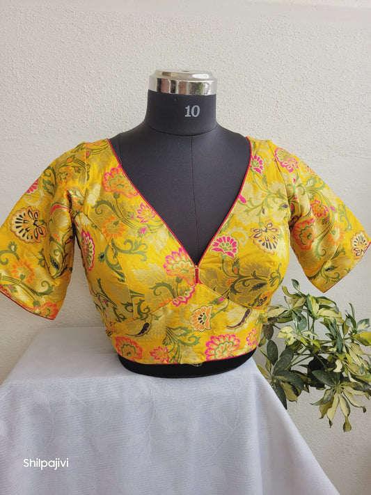 Yellow and pink Banaras Silk Jacquard Readymade Blouse