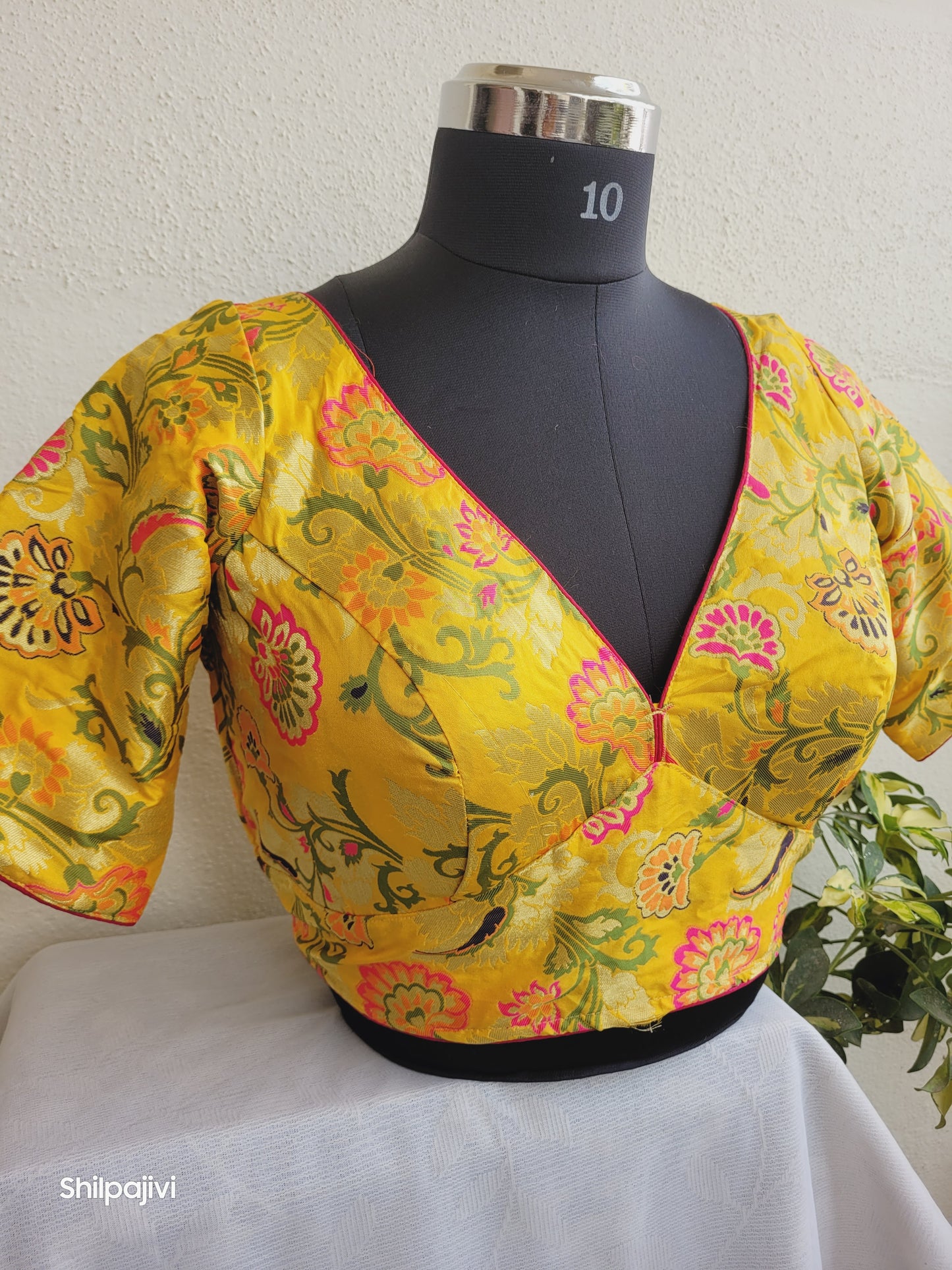 Yellow and pink Banaras Silk Jacquard Readymade Blouse