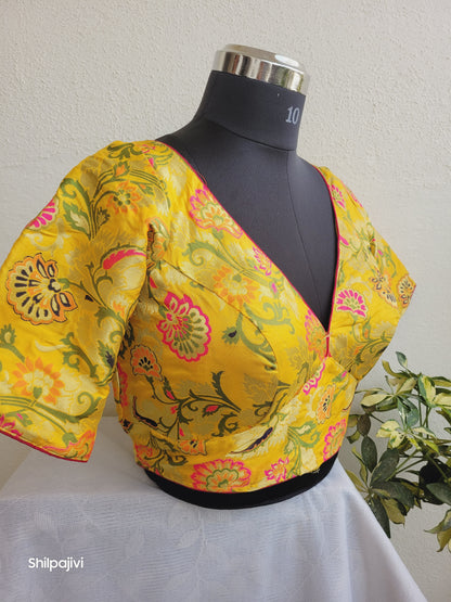 Yellow and pink Banaras Silk Jacquard Readymade Blouse