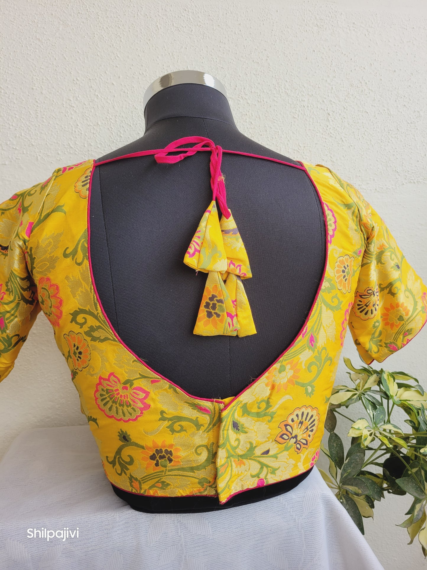 Yellow and pink Banaras Silk Jacquard Readymade Blouse