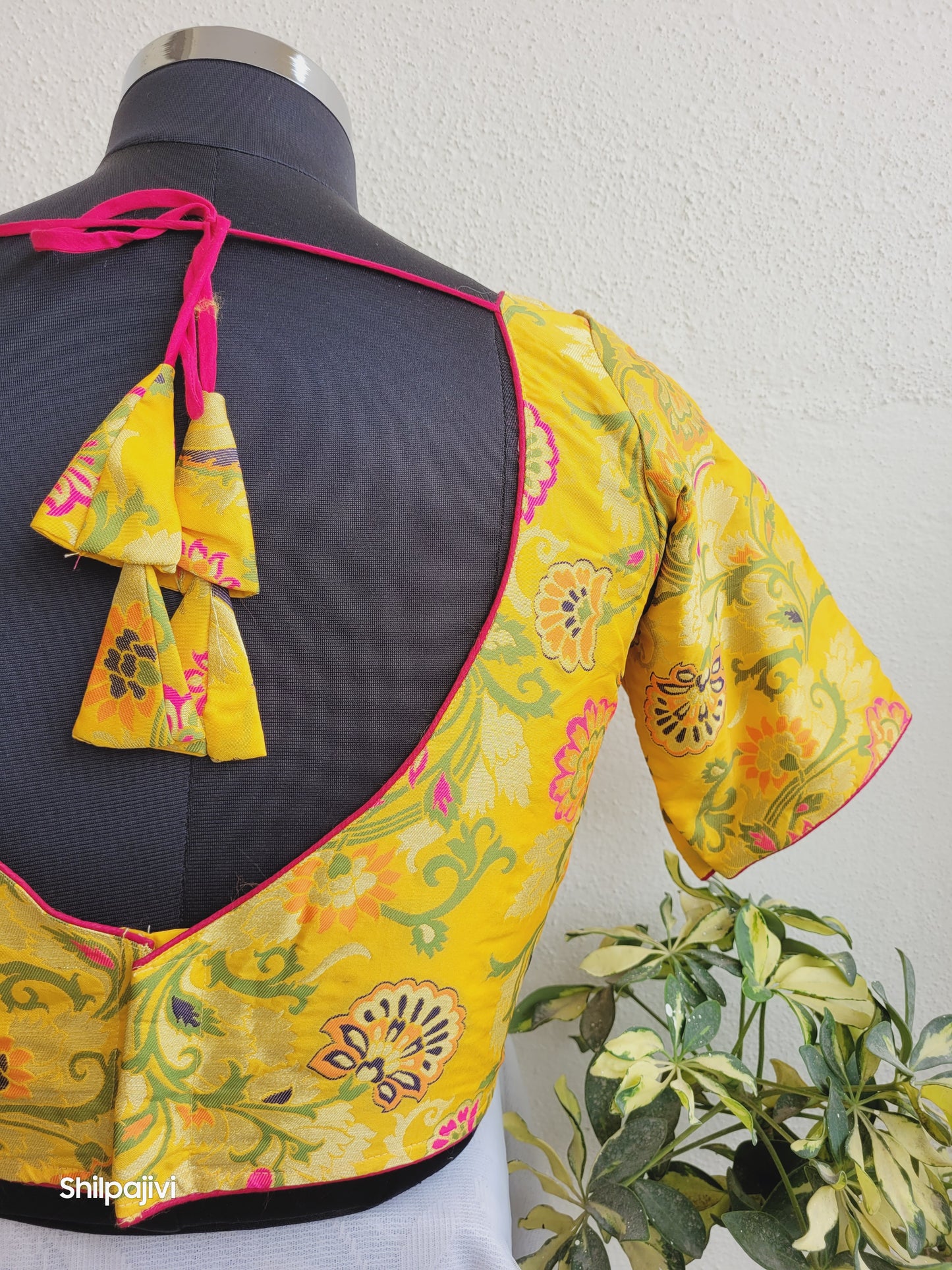 Yellow and pink Banaras Silk Jacquard Readymade Blouse