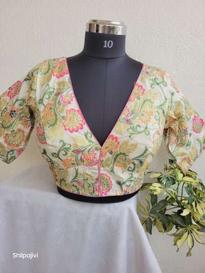Beige and Pink Banaras Silk Jacquard Readymade Blouse