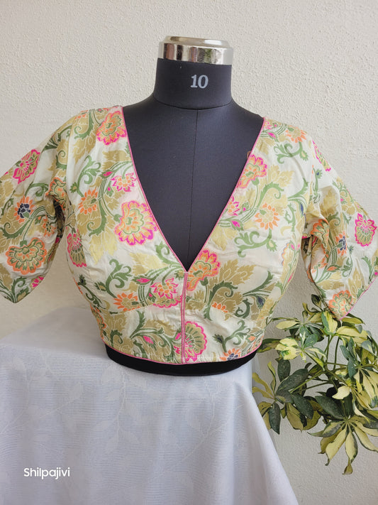 Beige and Pink Banaras Silk Jacquard Readymade Blouse