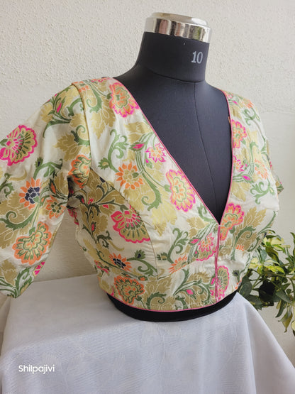 Beige and Pink Banaras Silk Jacquard Readymade Blouse