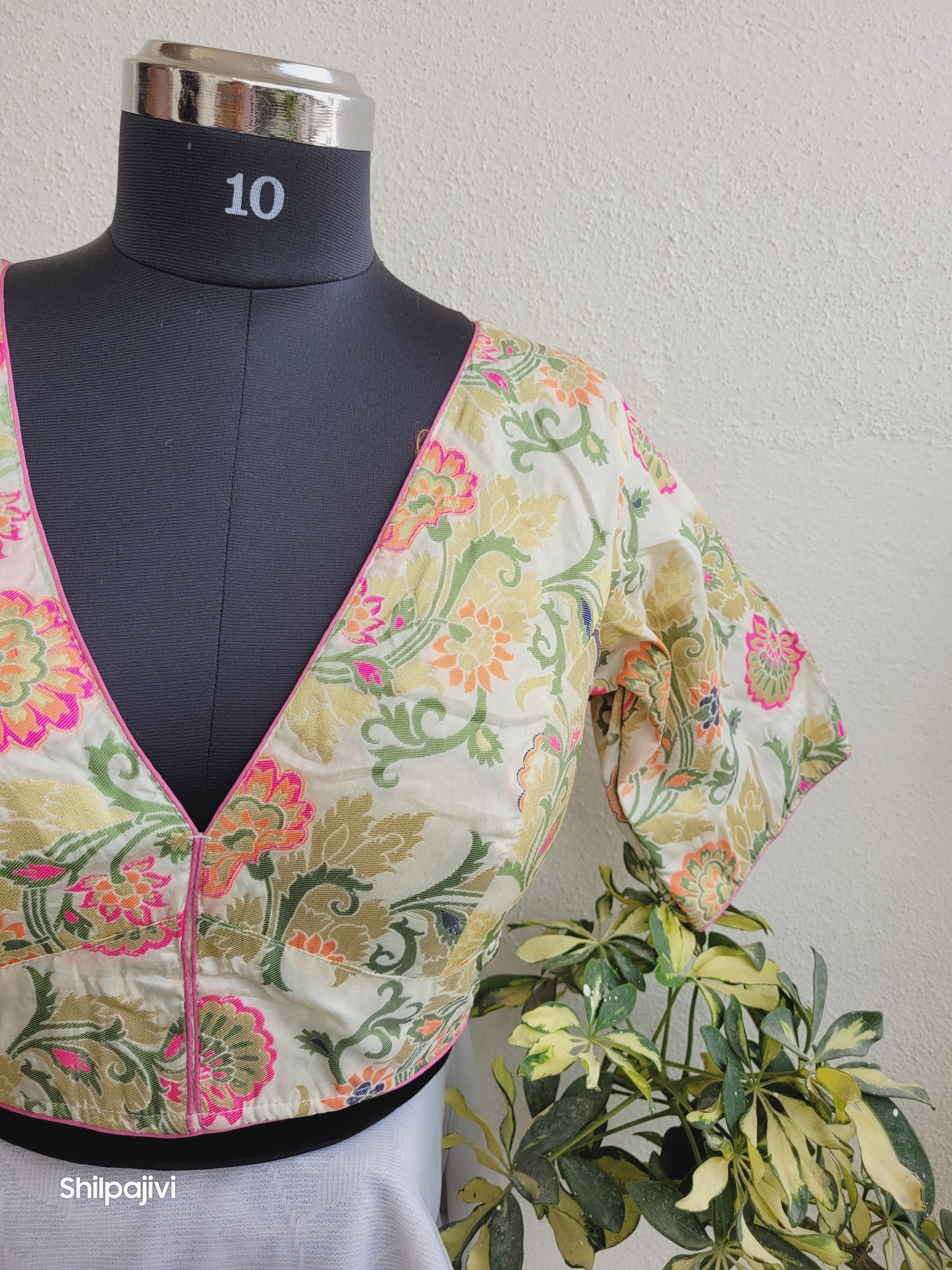 Beige and Pink Banaras Silk Jacquard Readymade Blouse