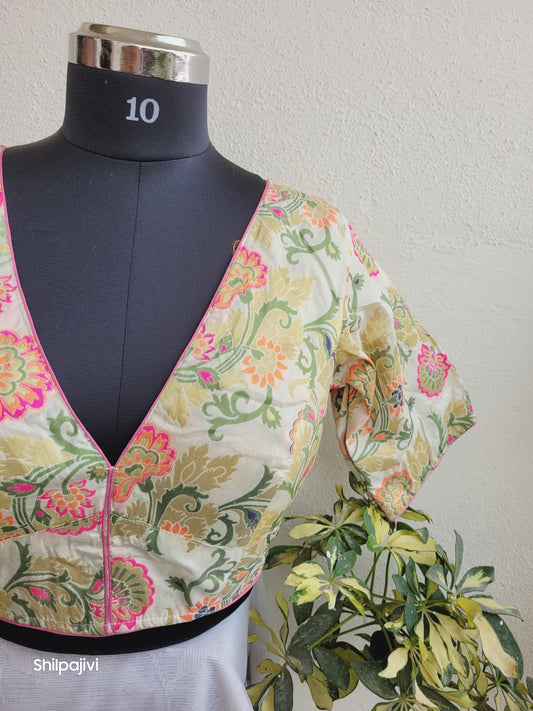 Beige and Pink Banaras Silk Jacquard Readymade Blouse