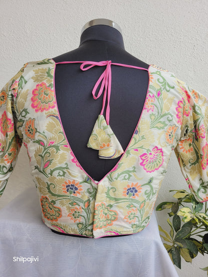 Beige and Pink Banaras Silk Jacquard Readymade Blouse