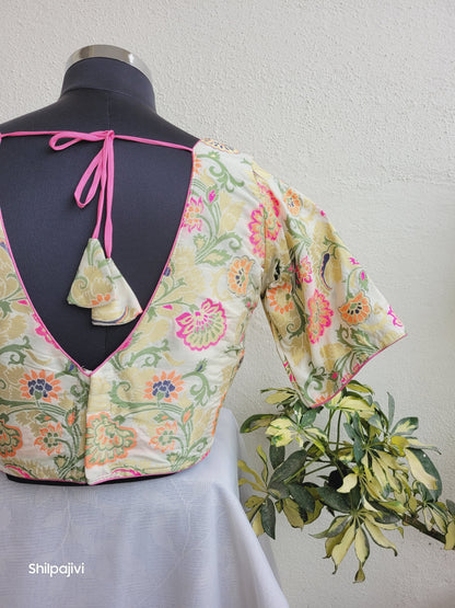 Beige and Pink Banaras Silk Jacquard Readymade Blouse