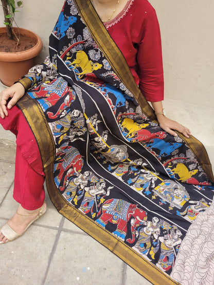 Kalamkari Chennur Silk Dupatta - Katha Red