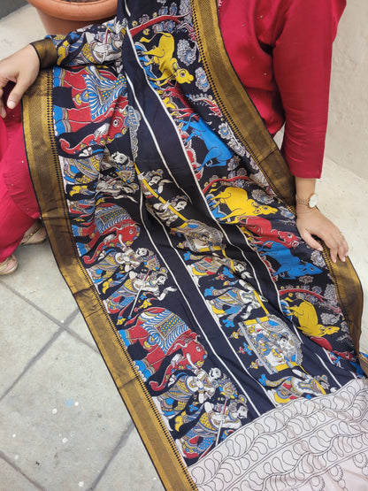 Kalamkari Chennur Silk Dupatta - Katha Red
