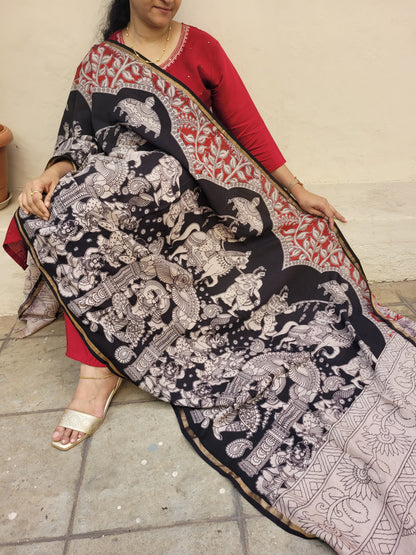 Kalamkari Chanderi Silk Dupatta - Black Ambari