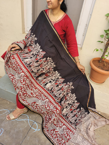 Kalamkari Chanderi Silk Dupatta - Red Mandali