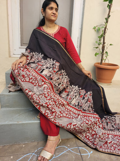 Kalamkari Chanderi Silk Dupatta - Red Mandali