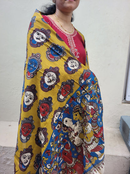 Kalamkari Olive green Chennur cotton silk Dupatta - Devi Face