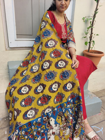 Kalamkari Olive green Chennur cotton silk Dupatta - Devi Face