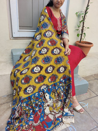 Kalamkari Olive green Chennur cotton silk Dupatta - Devi Face