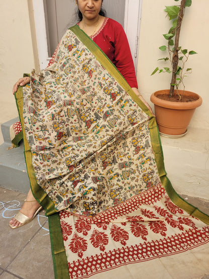 Kalamkari Green Chennur Silk Dupatta - village art
