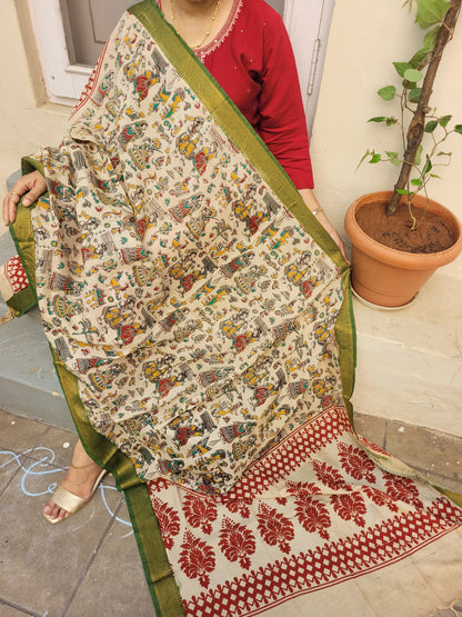 Kalamkari Green Chennur Silk Dupatta - village art