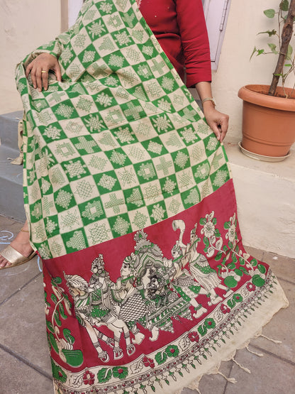 Kalamkari green Chennur cotton silk Dupatta - Kollam