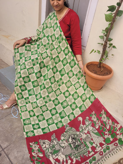 Kalamkari green Chennur cotton silk Dupatta - Kollam