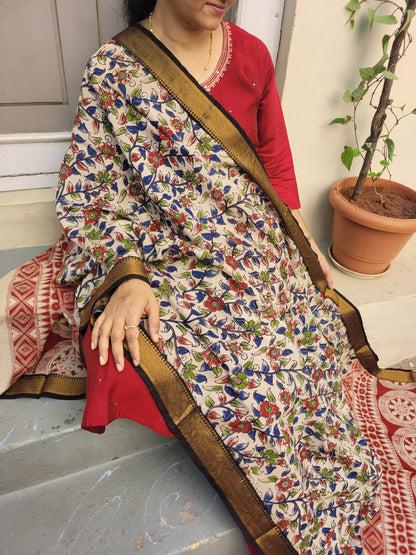Kalamkari Green Chennur Silk Dupatta - Floral