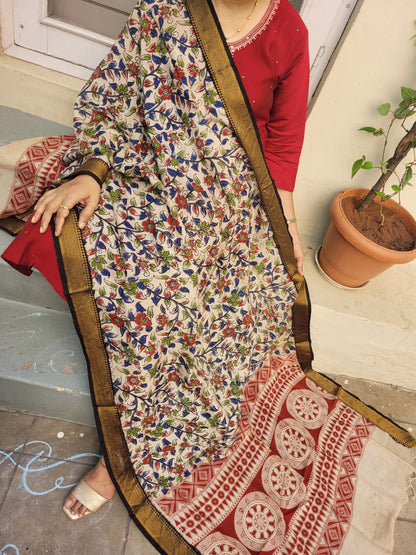 Kalamkari Green Chennur Silk Dupatta - Floral