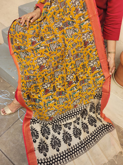 Kalamkari Yellow Chennur Silk Dupatta - village art