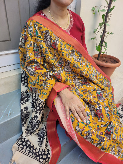 Kalamkari Yellow Chennur Silk Dupatta - village art