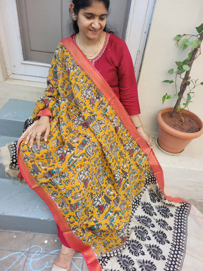 Kalamkari Yellow Chennur Silk Dupatta - village art
