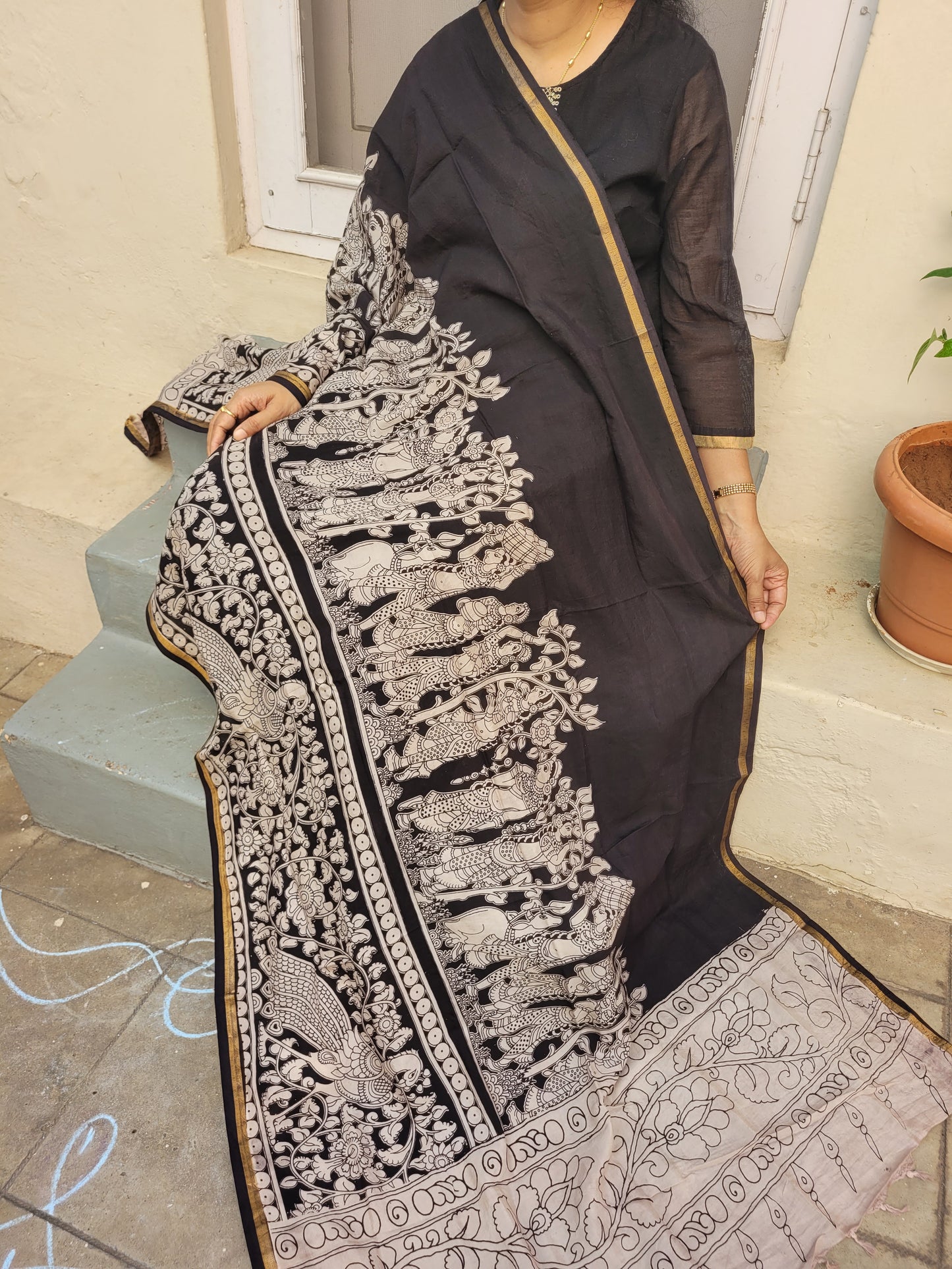 Kalamkari Chanderi Silk Dupatta - Black Mandali