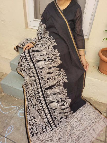Kalamkari Chanderi Silk Dupatta - Black Mandali