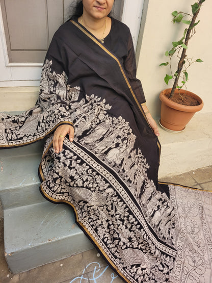 Kalamkari Chanderi Silk Dupatta - Black Mandali