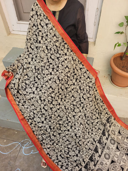 Kalamkari Chennur Silk Dupatta - Black & White with Orange border