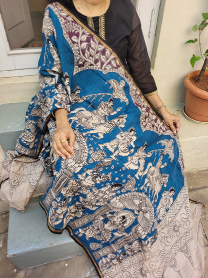 Kalamkari Chanderi Silk Dupatta - Blue Ambari