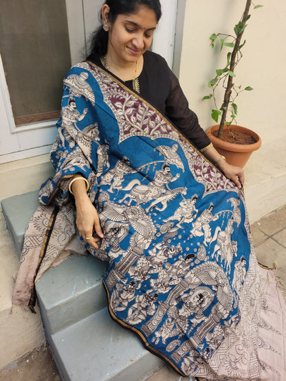 Kalamkari Chanderi Silk Dupatta - Blue Ambari