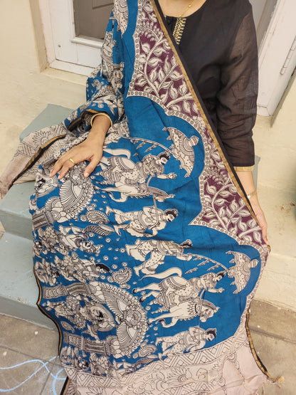 Kalamkari Chanderi Silk Dupatta - Blue Ambari